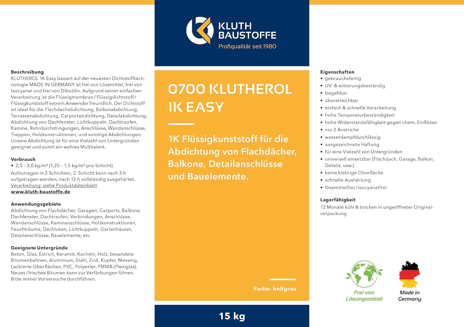 Flüssigkunststoff 1K KLUTHEROL Easy Abdichtung - 8KG zur Abdichtung von Flachdächer, Balkone, Detailanschlüsse und Bauelemente – Bild 2