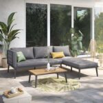 OUTLIV. Lounge Set India, 3-teilig, Stahlgestell, Akazienholz Tischplatte, inkl. waschbare Kissen, L-Form, für Garten und Terrasse, Anthrazit