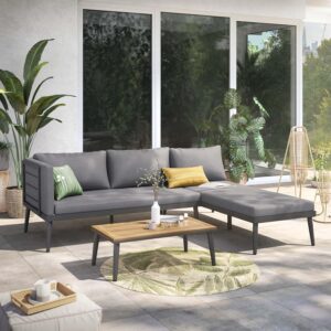 OUTLIV. Lounge Set India, 3-teilig, Stahlgestell, Akazienholz Tischplatte, inkl. waschbare Kissen, L-Form, für Garten und Terrasse, Anthrazit