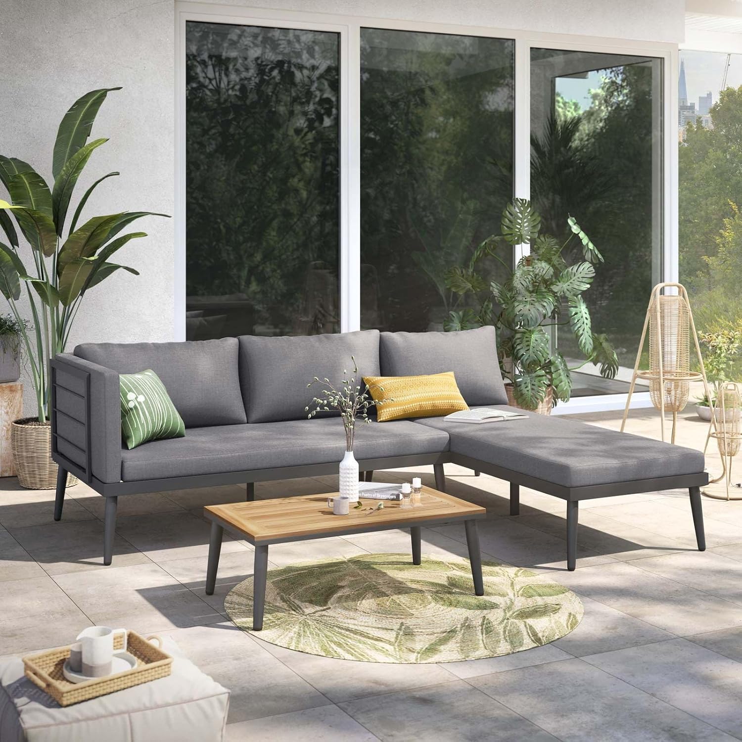 OUTLIV. Lounge Set India, 3-teilig, Stahlgestell, Akazienholz Tischplatte, inkl. waschbare Kissen, L-Form, für Garten und Terrasse, Anthrazit