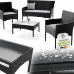 Juskys Polyrattan Sitzgruppe Fort Myers 4 Personen mit 2er Sofa, 2 Stühle, Tisch & Sitzkissen wetterfest schwarz/grau Balkonmöbel Gartenmöbel Set