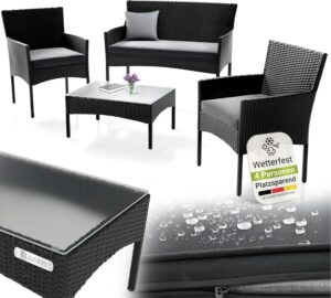Juskys Polyrattan Sitzgruppe Fort Myers 4 Personen mit 2er Sofa, 2 Stühle, Tisch & Sitzkissen wetterfest schwarz/grau Balkonmöbel Gartenmöbel Set