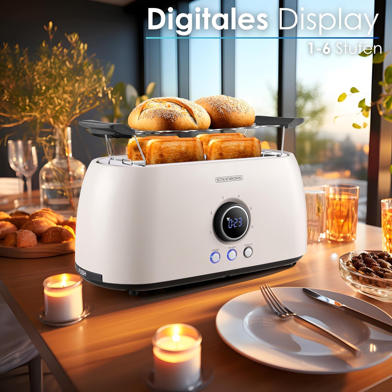 Steinborg Toaster 4 Scheiben mit Brötchenaufsatz Langschlitztoaster Toastautomat Automatische Abschaltung Doppelschlitztoaster Familientoaster Toastgerät LED Display mit Restzeitanzeige (Bulgur Beige) – Bild 3