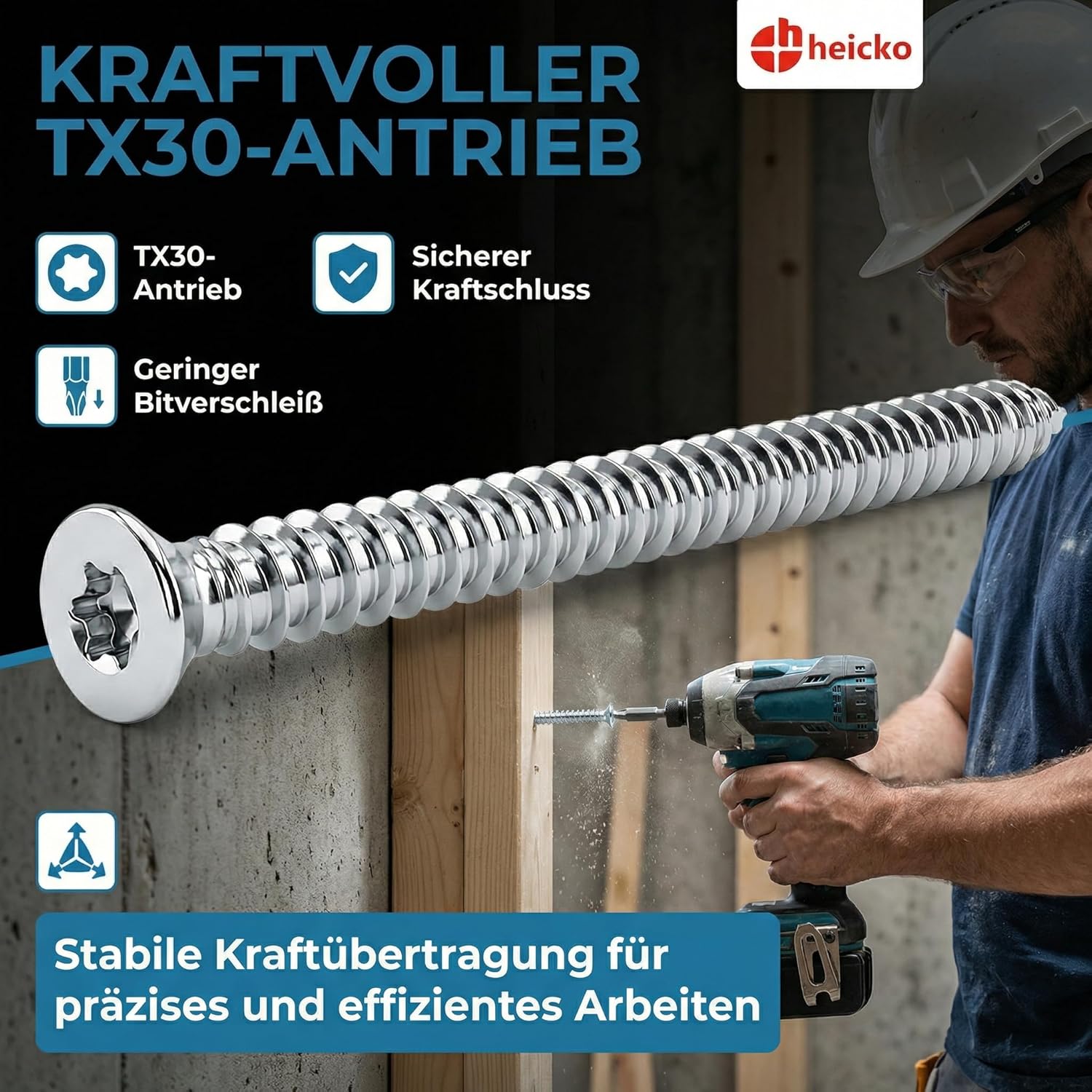 heicko Fensterrahmenschraube 7,5x182mm Senkkopf TX30 verzinkt blau | Betonschrauben Montageschraube ohne Dübel | 100 Stück – Bild 3