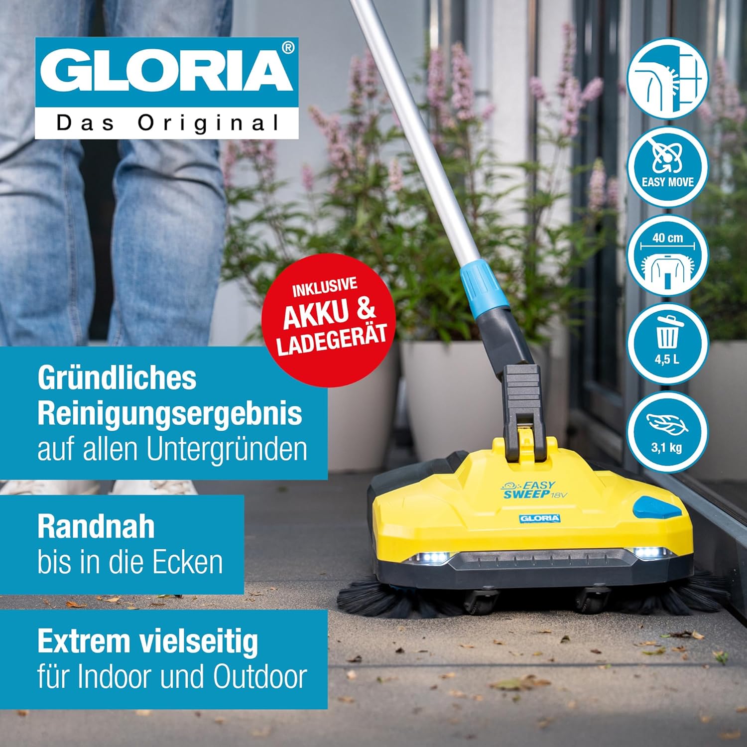 GLORIA Akku-Kehrmaschine EasySweep 18V inkl. Bosch 18V Akku | Elektrischer Akkubesen & Kehrbesen für Indoor & Outdoor | Einfahrt, Gehweg, Terrasse, Garage & Laub | 40 cm Arbeitsbreite & 4,5L Behälter – Bild 2