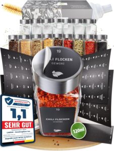 Gewürzgläser eckig Edelstahl | 24 Stk. à 120 ml – 10,5 x 4,5 cm | Gewürzstreuer Set für mehr Ordnung in deiner Küche | Gewürz Organizer Komplettset mit viel Zubehör