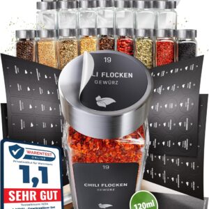 Gewürzgläser eckig Edelstahl | 24 Stk. à 120 ml – 10,5 x 4,5 cm | Gewürzstreuer Set für mehr Ordnung in deiner Küche | Gewürz Organizer Komplettset mit viel Zubehör