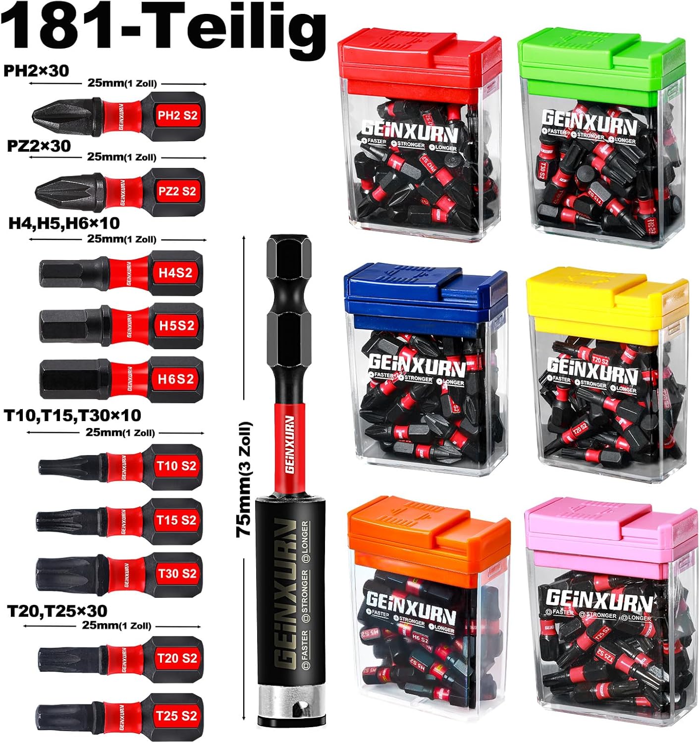 Geinxurn Schlagfeste Schraubendreher Bits Set, 180 Stücke 25mm Magnetisch (PH2/PZ2/T10/T15/T20/T25/T30/Hex) S2 Stahl Multi Treiber Bits mit Lagerung bunte Box – Bild 2