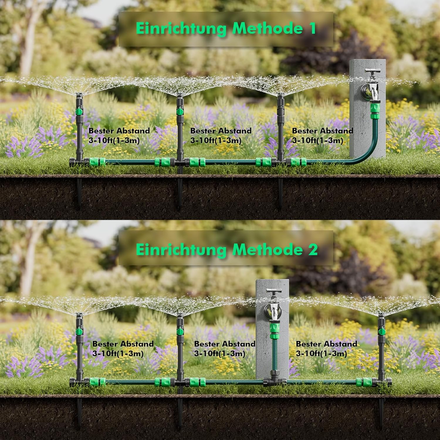 RESTMO Gartensprenger, Rasensprenger mit Erdspieß, 360°Verstellbarer Rasensprenger zur Gartenbewässerung, Gartensprinkler mit Schnellverbinder,Grün(Ohne Bewässerungsschlauch) – Bild 3