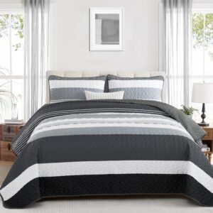 WONGS BEDDING Tagesdecke 240x260 Schwarz Weiß Bettüberwurf Schlieren Decke Steppdecke 3 teilig Doppelbett Gesteppt Bettdecke Mikrofaser Wohndecke mit 2 Kissenbezug 50x75 für Schlafzimmer Sofaüberwurf
