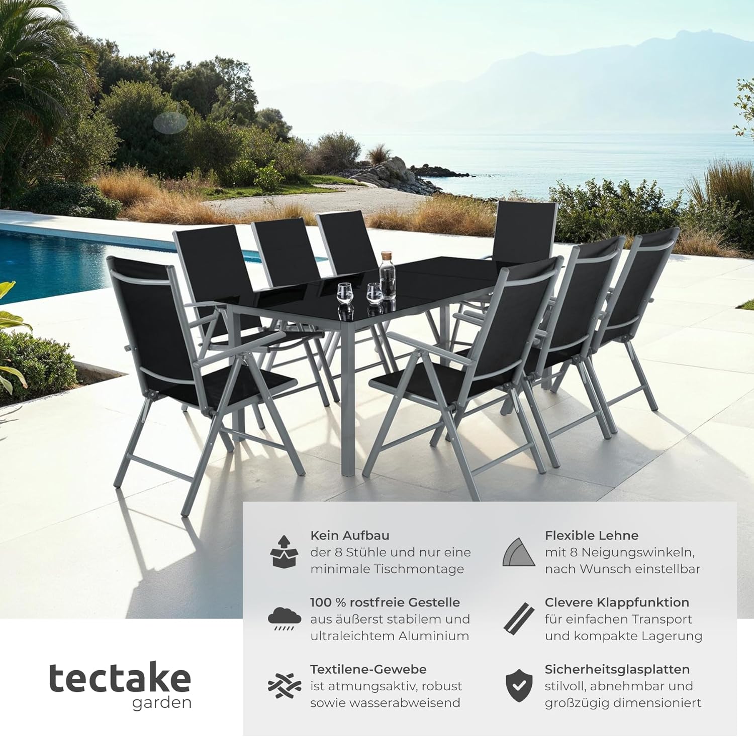 tectake® Aluminium Sitzgruppe 8+1, Gartenmöbel Set mit Stuhl und Tisch, klappbare Gartenstühle, Gartentisch mit Sicherheitsglas, wetterfeste Terrassenmöbel, für Garten Terrasse Balkon - anthrazit – Bild 2