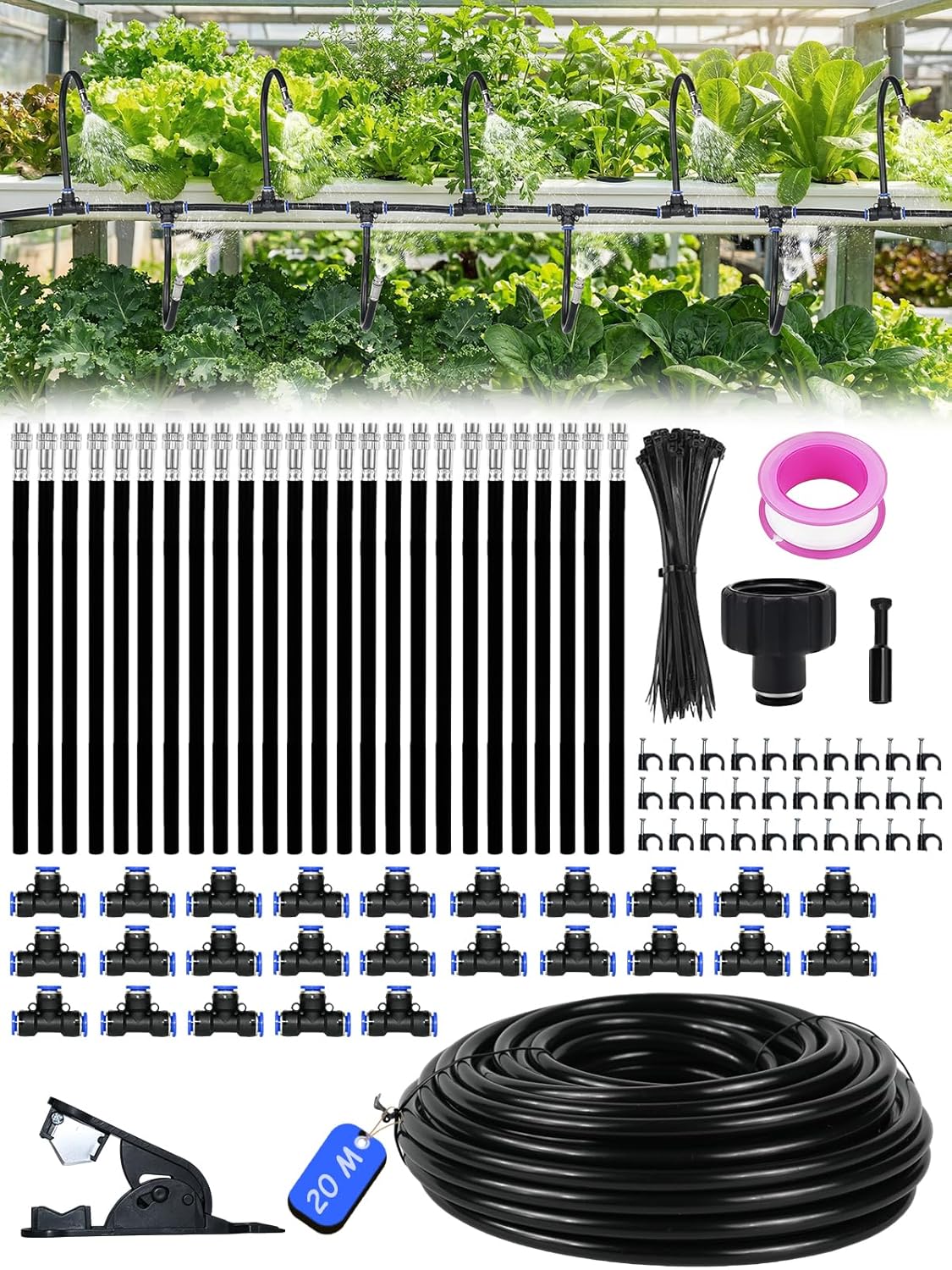 Bewässerungssystem Garten bewässerung 20 m Tropfbewässerungssystem, Gartenbewässerungssystem Gewächshaus, 25 Biegsames Nebelrohr, für Garten, Gewächshaus, Terrasse, Balkon