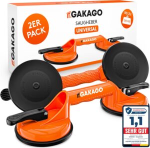 Saugheber (2er Pack) - Ergonomische & rutschfeste Sauggriffe - 120kg tragfähiger Vakuumheber für den Transport von Fliesen, Laminat, Scheiben und Glas als Glasheber, Glassauger, Glasträger
