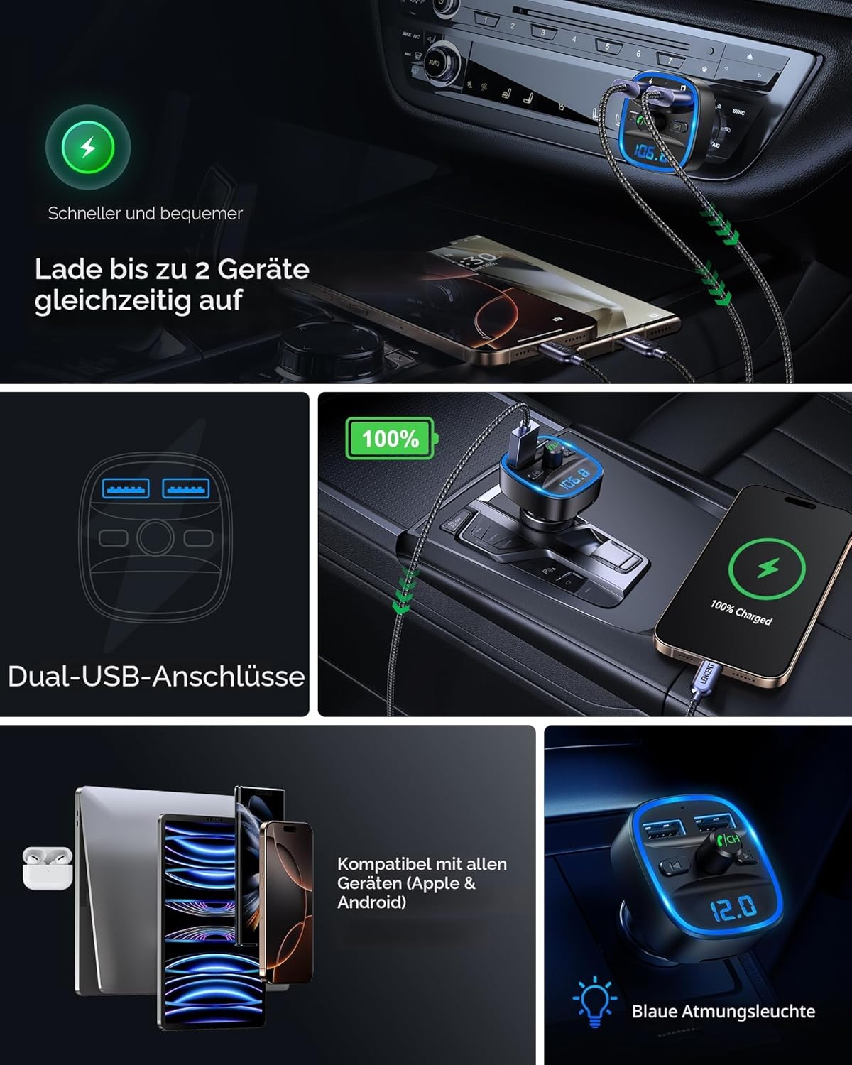 LENCENT Bluetooth FM Transmitter Auto, Musik Adapter für Auto Radio, KFZ Bluetooth Zigarettenanzünder Freisprechanlage, 2 USB Ports, Unterstützt SD-Karte USB-Sticks – Bild 5