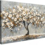 MuchoWow© Leinwand Bilder Groß 120x80 cm XXL Wanddeko Wohnzimmer Aesthetic Room Decor Deko Zimmer Wandbilder Modern Bild auf Leinwand Baum - Blumen - Weiß - Natur - Kunst