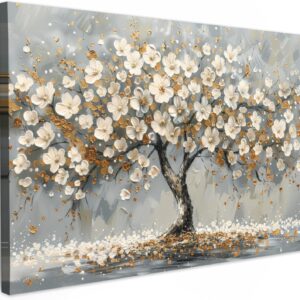 MuchoWow© Leinwand Bilder Groß 120x80 cm XXL Wanddeko Wohnzimmer Aesthetic Room Decor Deko Zimmer Wandbilder Modern Bild auf Leinwand Baum - Blumen - Weiß - Natur - Kunst