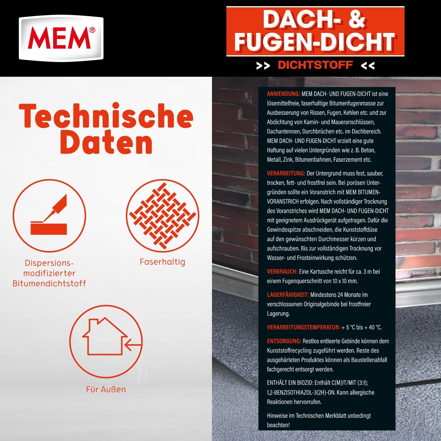 MEM Dach- und Fugendicht, Lösemittelfreie Bitumenmasse, Sehr gute Haftung auf vielen Untergründen, Schwarz, 300 g – Bild 3