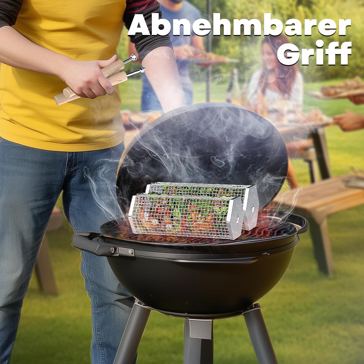 Nestbar Rollender Grillkorb, Abnehmbarer Holzgriff, Edelstahl 304, Outdoor Küche Grill Zubehör für Gemüse, Garten Camping Gadgets für Gasgrill, Geschenke Geburtstagsgeschenk für Männer Papa – Bild 5