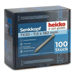heicko Fensterrahmenschraube 7,5x182mm Senkkopf TX30 verzinkt blau | Betonschrauben Montageschraube ohne Dübel | 100 Stück