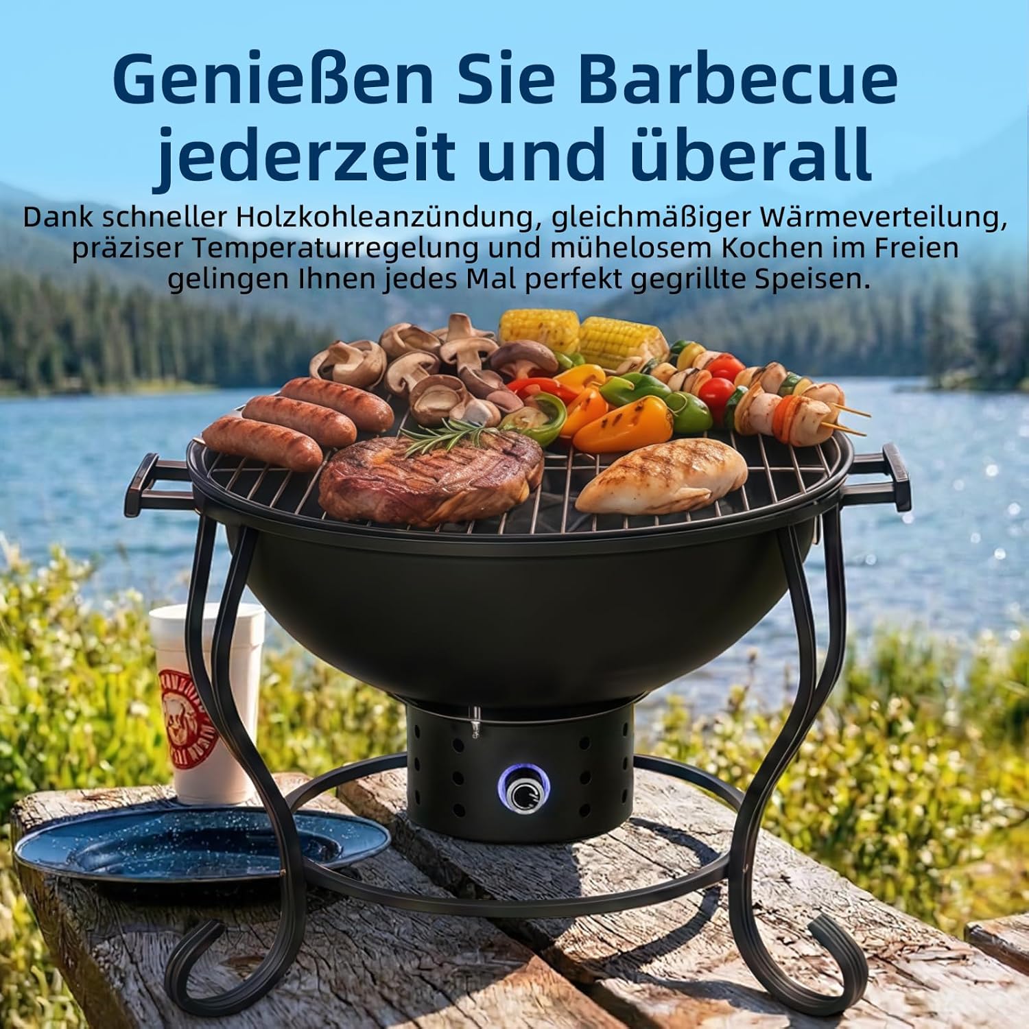 Tragbarer Holzkohlegrill mit Ventilator, Thermometer und regulierbarer Luftzufuhr, kompakter Kettle Grill für Camping, Picknick, Tailgating und Outdoor BBQ – Bild 5