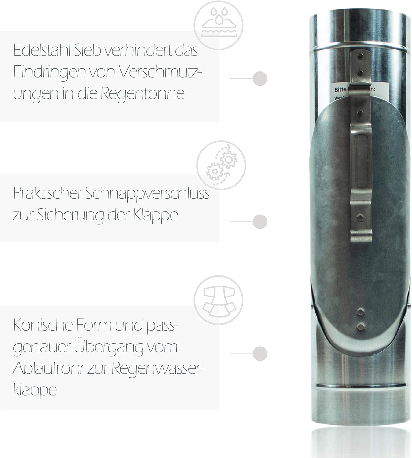 Zink Regenrohrklappe 100 mm mit Edelstahl Sieb - Titanzink Fallrohrklappe als Regenwassersammler, einfache Montage dank konischer Form & passgenauem Übergang – Bild 3