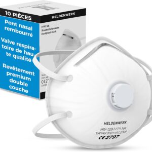 HELDENWERK Atemschutzmaske im 5er, 10er oder 20er Set - Atemmaske - Perfekt anpassbare FFP1 Mundschutz Maske - Feinstaubmaske, Staubschutzmaske für Schleifen etc