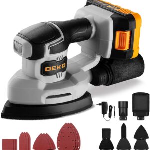 Dreieckschleifer Akku Schleifmaus: DEKOPRO 20V Multischleifer,13000 U/min, Schleifmaschine mit Absaugung inklusive 2.0Ah Akku und Ladegerät, 3 Zusatzzubehör und 12 Schleifblättern, Gelbgrau