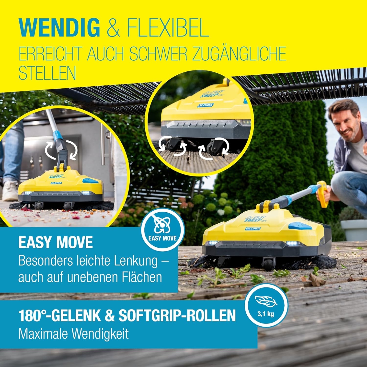 GLORIA Akku-Kehrmaschine EasySweep 18V inkl. Bosch 18V Akku | Elektrischer Akkubesen & Kehrbesen für Indoor & Outdoor | Einfahrt, Gehweg, Terrasse, Garage & Laub | 40 cm Arbeitsbreite & 4,5L Behälter – Bild 5