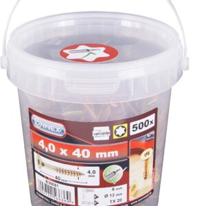 Connex Universalschrauben 4,0 x 40 mm - 500 Stück im Set - Senkkopf - TX-Antrieb - Teilgewinde - Gelb verzinkt - Inkl. Bit / Schrauben-Set / Schrauben-Eimer / B30081