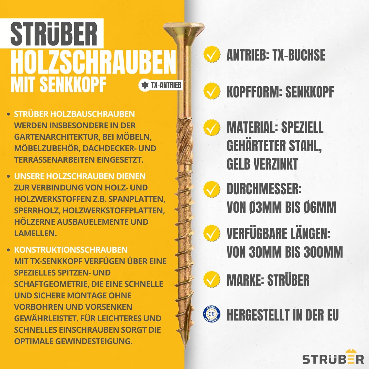 Holzschrauben mit Torx-Antrieb (6,0 x 140 mm / 100 Stück) Holzbauschrauben mit TX-Buchse - Spanplattenschrauben Gelb verzinkt - Senkkopfschrauben für Dachkonstruktionen - Universalschrauben – Bild 2