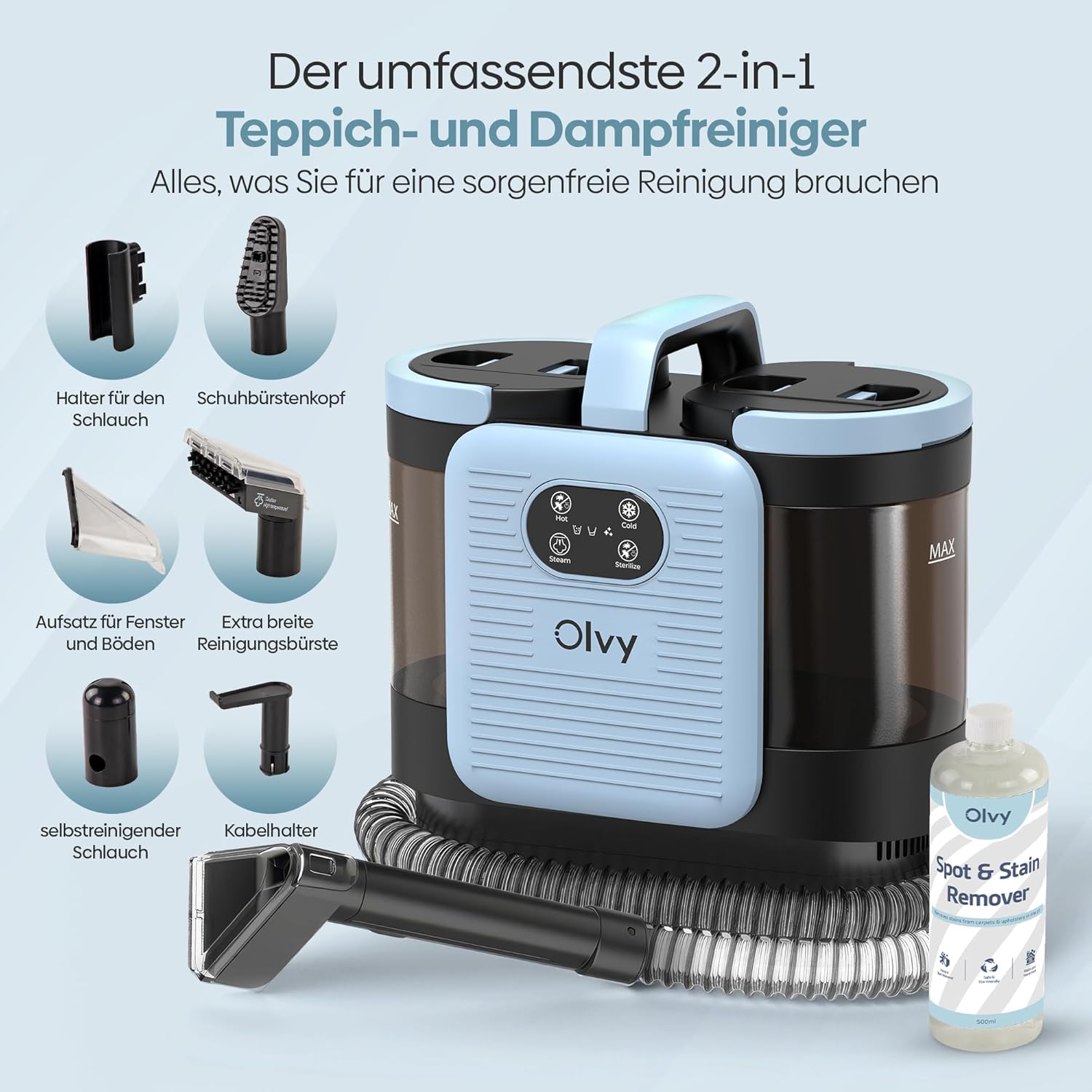 Olvy Teppichreiniger PRO – Nasssauger Polsterreiniger mit Dampf – 100°C Steam Cleaner – Sofa Reiniger Gerät – Polster Sauger Nass – inkl. Reinigungsmittel – 1650W – Matratzenreiniger – Bild 5