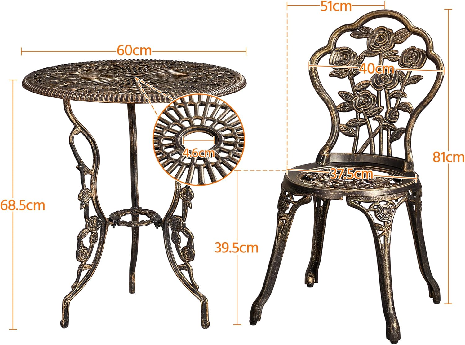 Yaheetech 3tlg. Bistro Set Balkonset Gartenset mit Stühlen, Zwei Sitzhocker Gartenmöbel im antiken Stil Aluguss Bronze – Bild 2