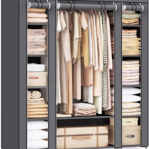 SONGMICS Kleiderschrank, Stoffschrank, 12 mit Kleiderstange und Ablagen, Stabiler Schrank, für Schlafzimmer, Ankleidezimmer, 150 x 45 x 175 cm, grau LSF03G
