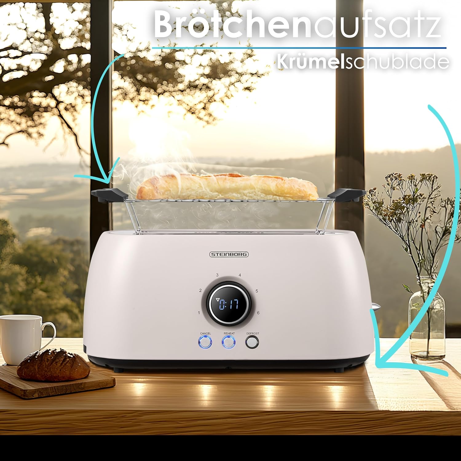 Steinborg Toaster 4 Scheiben mit Brötchenaufsatz Langschlitztoaster Toastautomat Automatische Abschaltung Doppelschlitztoaster Familientoaster Toastgerät LED Display mit Restzeitanzeige (Bulgur Beige) – Bild 4