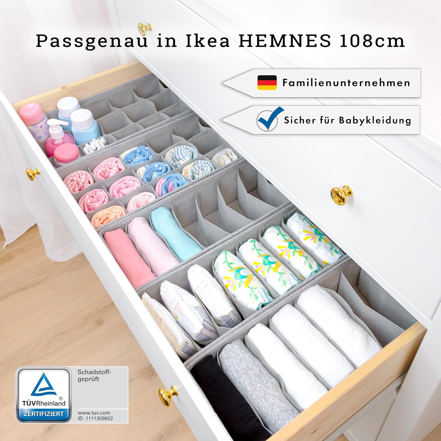 SIMPLE JOY® HEMNES Organizer, Schadstoffgeprüft, DAS ORIGINAL; Stabiler Boden; Schubladen Ordnungssystem für Wickelbedarf, Kinderkleidung, Socken, Unterwäsche; 5er Set, passgenau für ikea Kommode – Bild 2