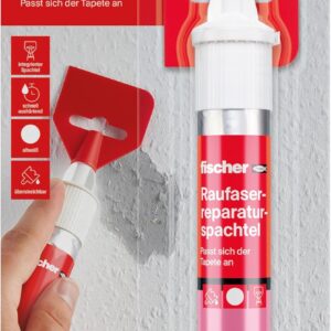 fischer Raufaserreparaturspachtel, 70 ml, Spachtelmasse mit Raufaserkörnung für Risse & Löcher, Masse zum Ausbessern raufasertapezierter Wände, Reparaturspachtel in Altweiß