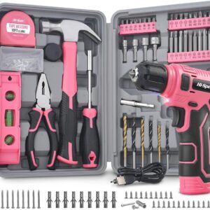 Hi-Spec 8V USB Pink Akku-Bohrschrauber und Starter-Heimwerkerset für Frauen - Kabelloser & Wiederaufladbarer Elektroschrauber mit Kompaktem Handwerkzeug-Set