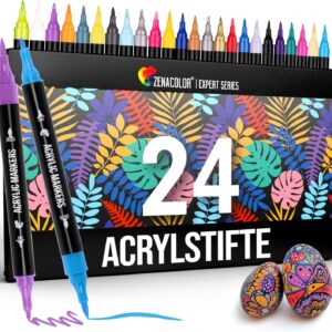 Zenacolor 24 Acrylstifte für Steine wasserfest mit Doppelspitze (feine Spitze und Pinsel) - Acrylstifte verschiedene Oberflächen - Multimarker Acryl