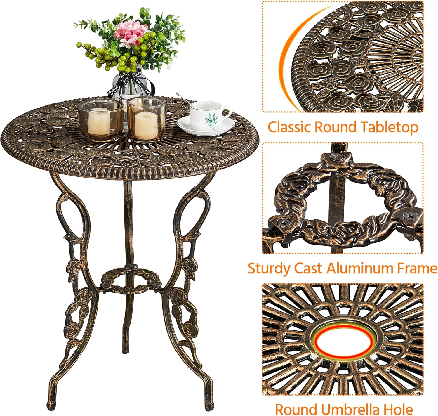 Yaheetech 3tlg. Bistro Set Balkonset Gartenset mit Stühlen, Zwei Sitzhocker Gartenmöbel im antiken Stil Aluguss Bronze – Bild 5