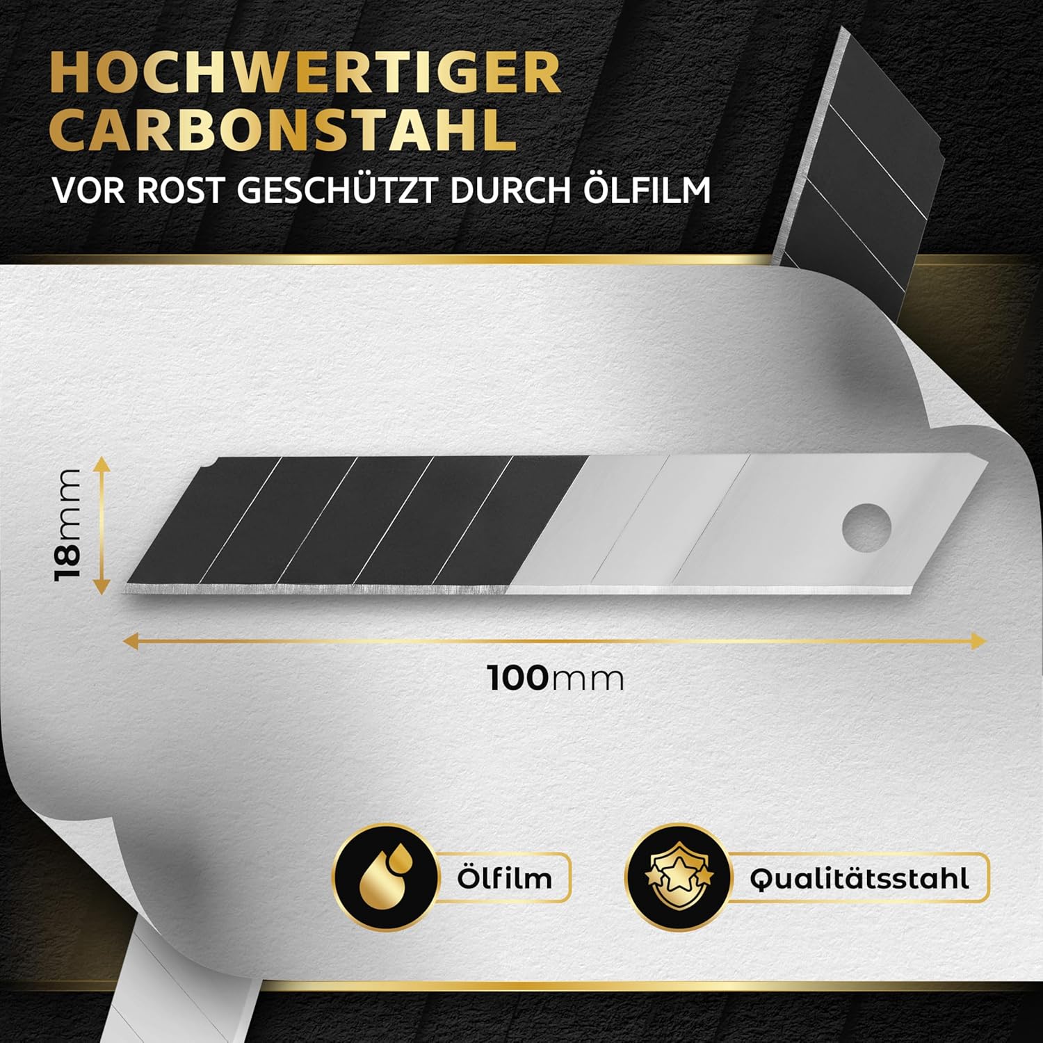 60x Profi Cuttermesser Klingen 18mm - Ersatzklingen Cuttermesser aus hochwertigem Carbonstahl - Klingen Cutter Messer - Gehärtet & ultra scharf - Abbrechklingen für Cutter Messer Schwarz – Bild 5