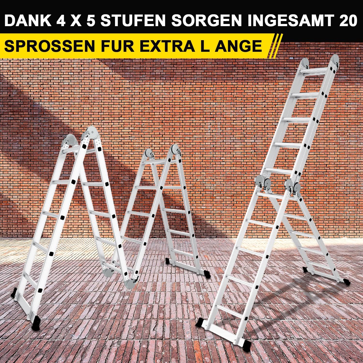 Mehrzweckleiter 4x5, 7in1 Multifunktionsleiter 582CM Alu Vielzweckleiter Klappleiter mit 2 Plattform und Räder, Haushaltsleiter Max Belastung 150kg, Multifunktionsleiter 20 Sprossen – Bild 3