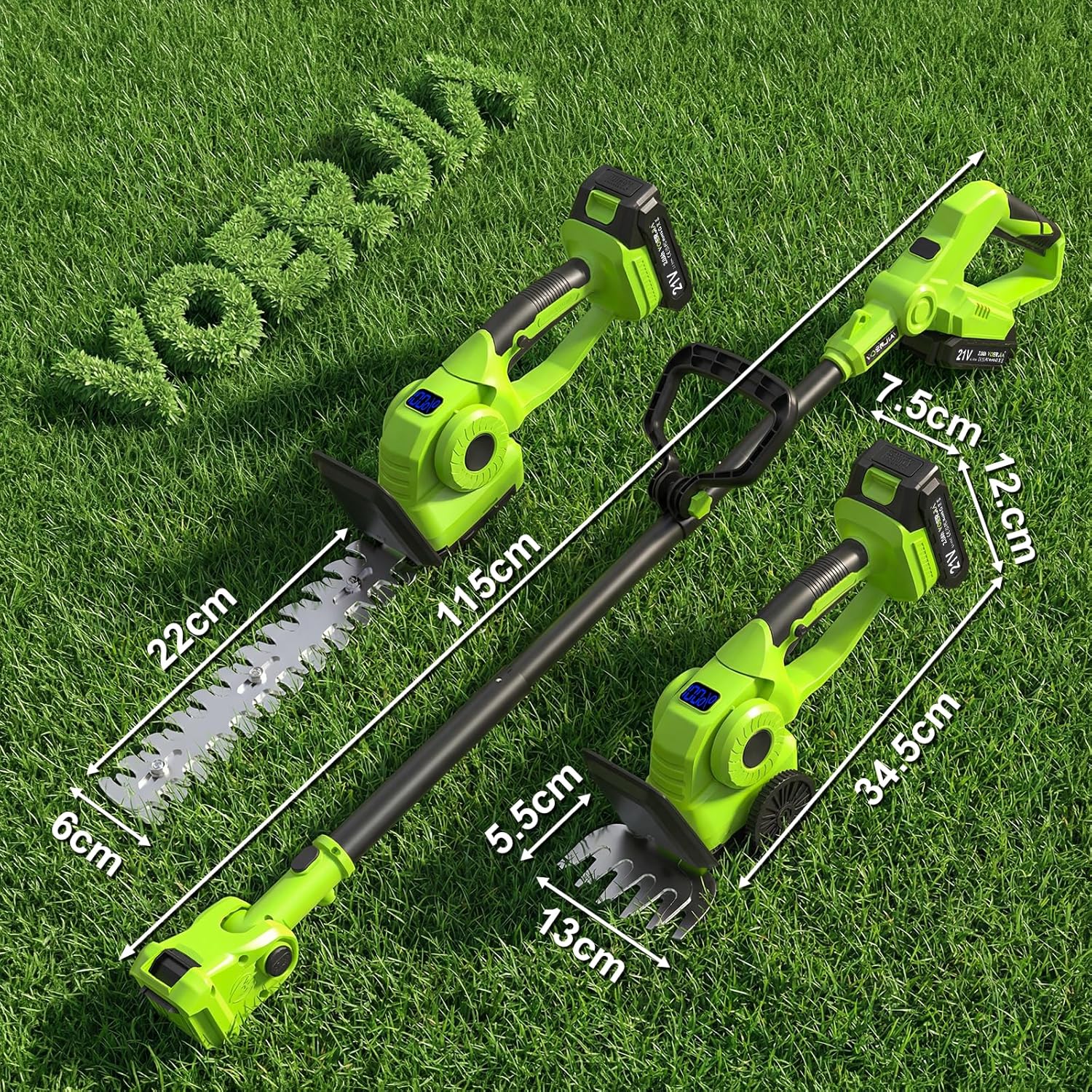 4-in-1 Akku Grasschere & Strauchschere mit 115cm Verlängerungsstange (165cm Reichweite), 21V Gartenschere mit Rollen, 650W, 180° verstellbar, 2 Akkus – für Rasenkanten, Hecken & Formschnitt – Bild 2