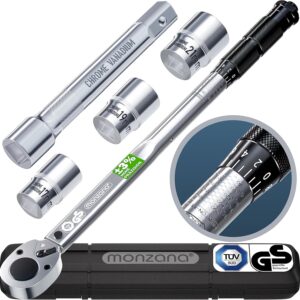 Monzana® Drehmomentschlüssel 6tlg. Set 40-210Nm TÜV Süd GS 1/2' Zoll CrV +/- 3% Toleranz Wende Ratschenkopf inkl. 3 Stecknüsse 17, 19, 21mm Verlängerung inkl. Koffer Auto Motorrad
