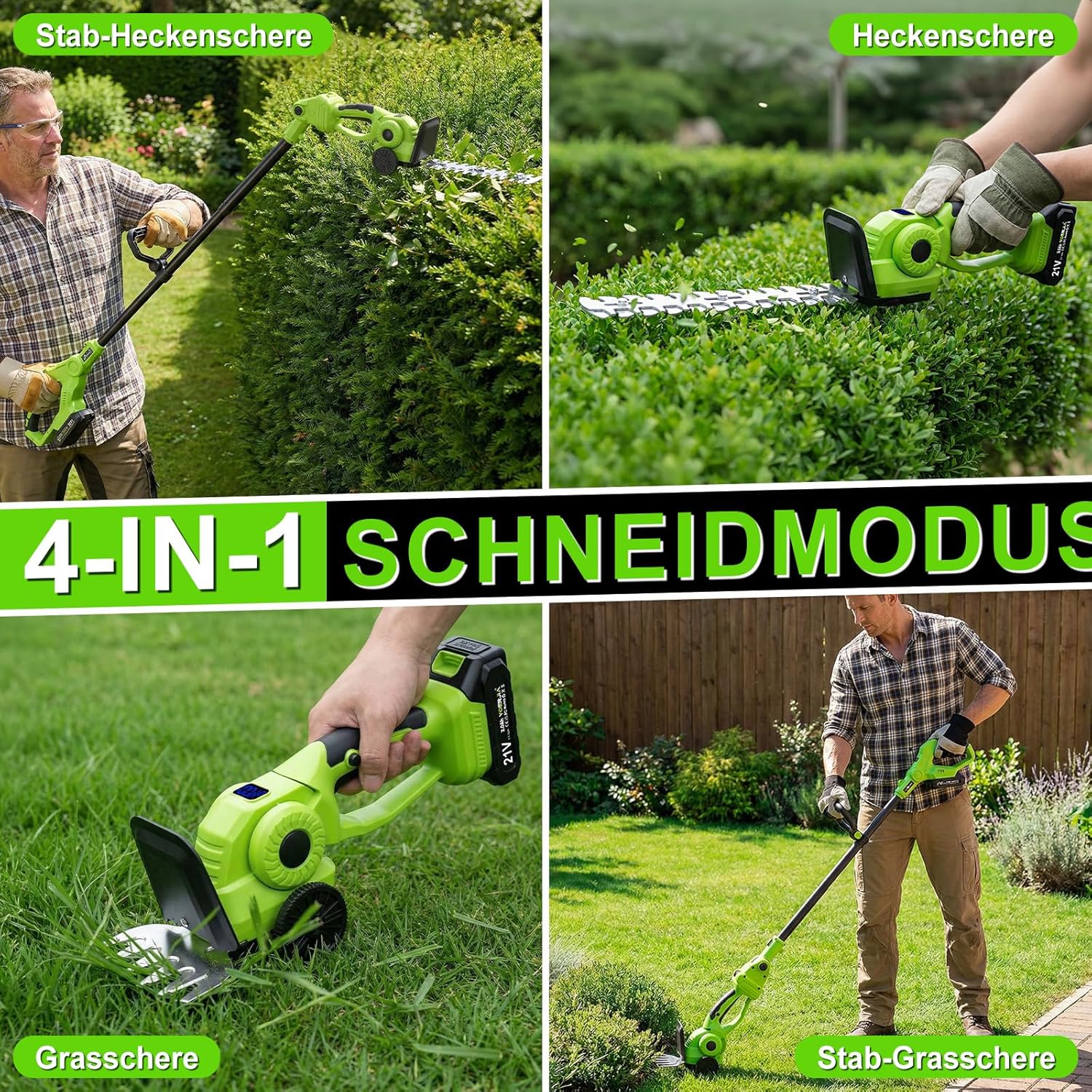 4-in-1 Akku Grasschere & Strauchschere mit 115cm Verlängerungsstange (165cm Reichweite), 21V Gartenschere mit Rollen, 650W, 180° verstellbar, 2 Akkus – für Rasenkanten, Hecken & Formschnitt – Bild 3