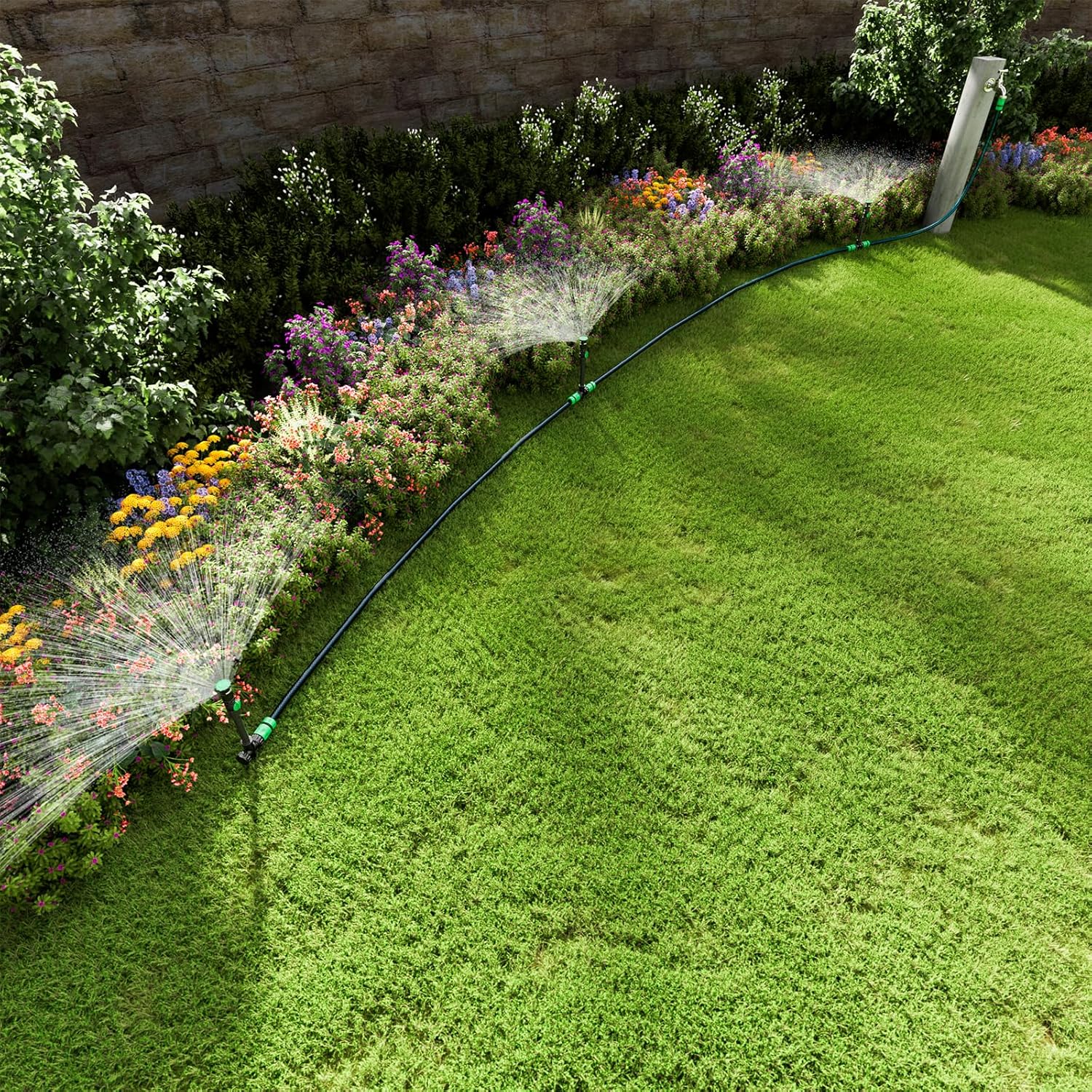 RESTMO Gartensprenger, Rasensprenger mit Erdspieß, 360°Verstellbarer Rasensprenger zur Gartenbewässerung, Gartensprinkler mit Schnellverbinder,Grün(Ohne Bewässerungsschlauch) – Bild 2