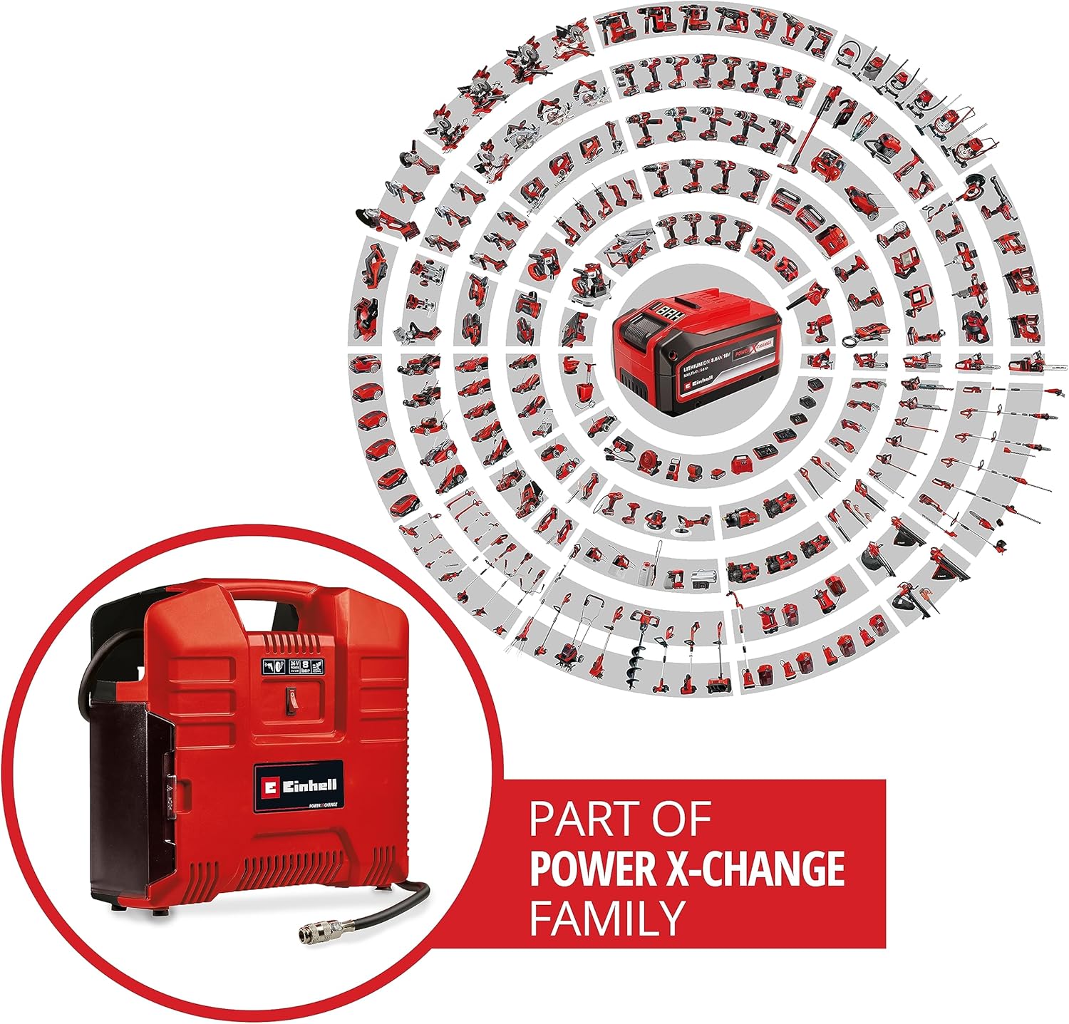 Einhell Akku-Koffer-Kompressor TE-AC 36/8 Li OF Set-Solo Power X-Change (36 V, max. 8 bar, ölfrei, Ansaugleistung 130 l/min, inkl. 3-tlg. Adapter-Set, ohne Akku & Ladegerät) – Bild 2