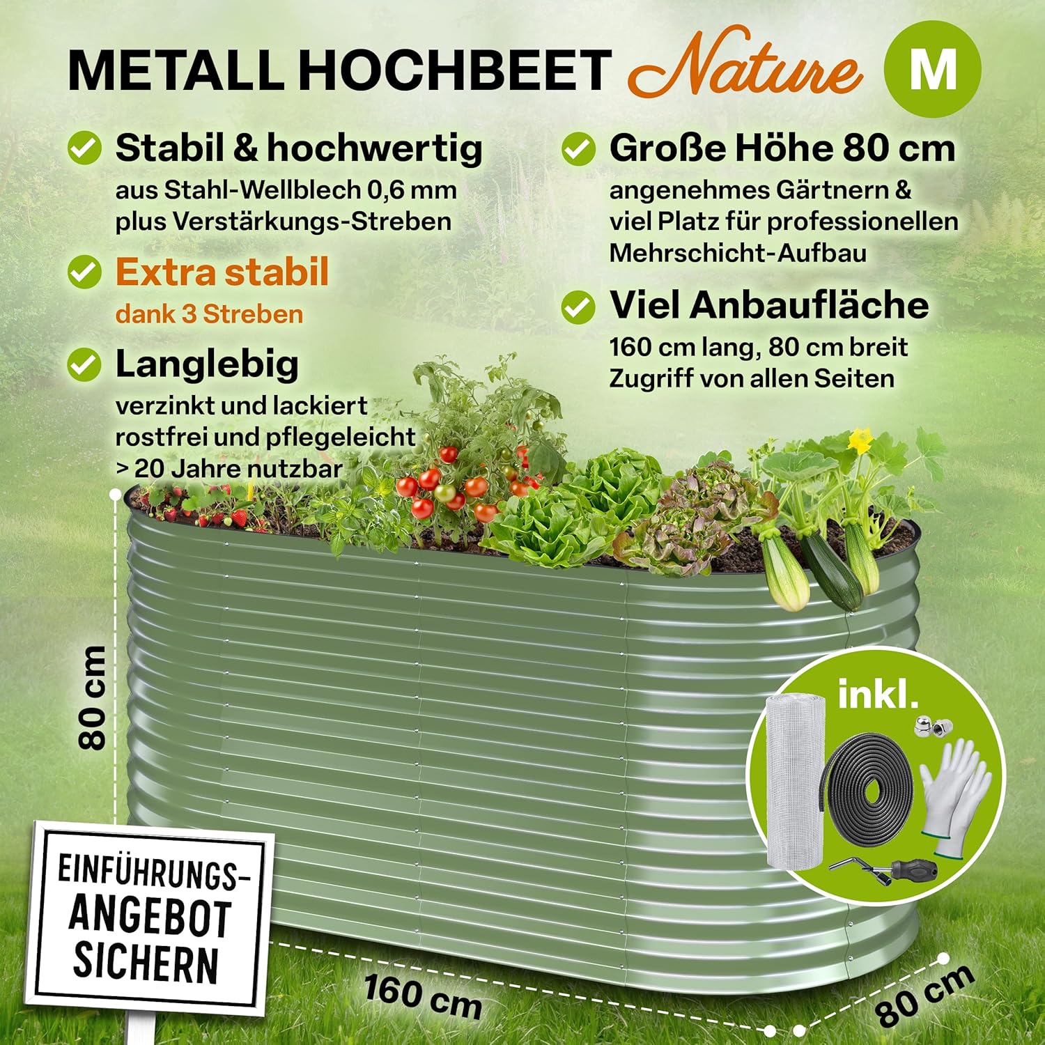 TTL GARDEN 160x80x80cm Nature M Metall Hochbeet Salbei-Grün - Stahl rostfrei verzinkt & lackiert Wellblech oval 80cm hoch sehr stabil Garten Beet für Gemüse Kräuter Blumen Gartenbeet Gemüsebeet – Bild 2