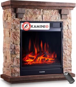 Elektrokamin Juan - Elektrischer Standkamin in Steinoptik mit Heizung, 3D-Flammeneffekt, Fernbedienung (Beige)
