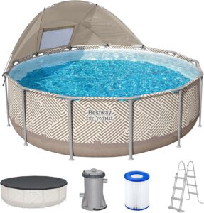 Bestway Steel Pro MAX Frame Pool Komplett-Set mit Filterpumpe Ø 396 x 107 cm, Op Art-Design, rund