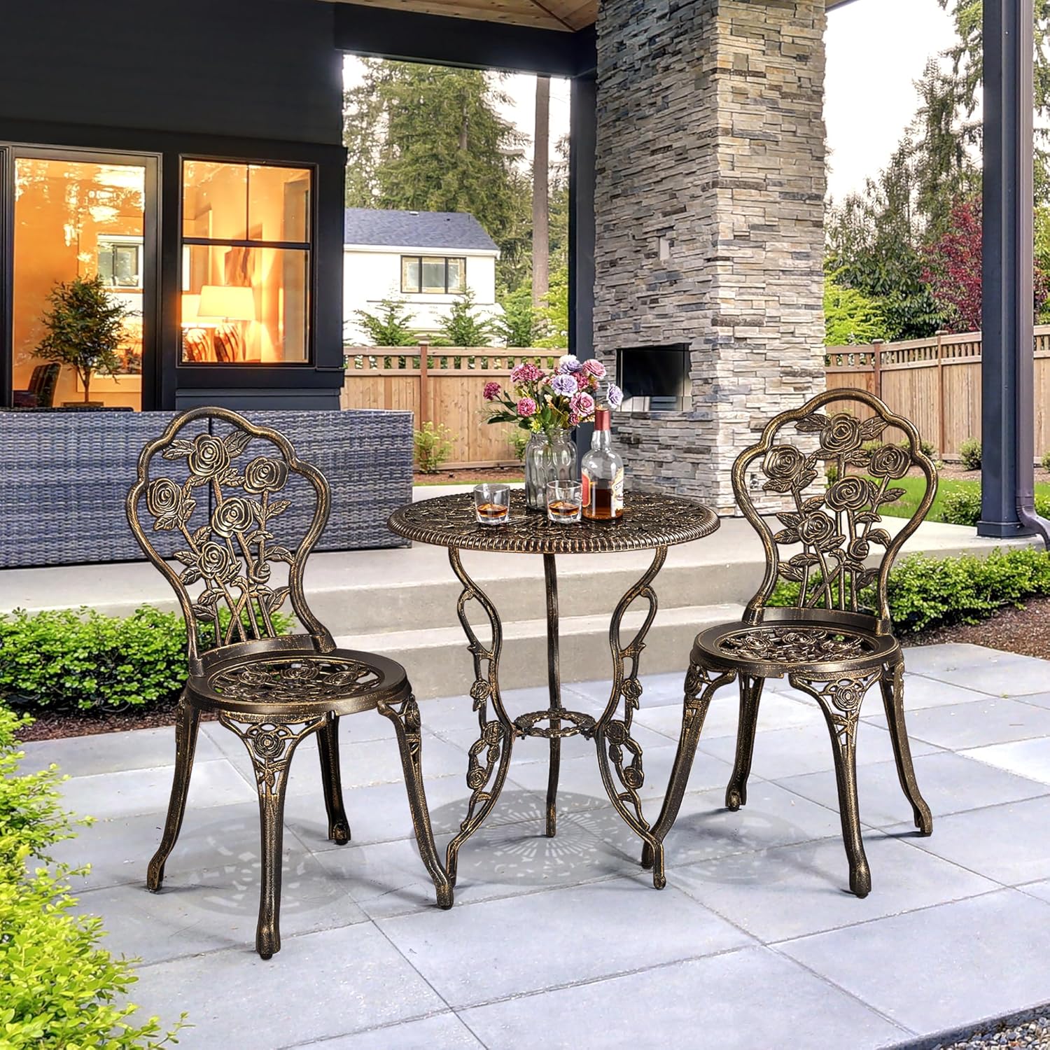 Yaheetech 3tlg. Bistro Set Balkonset Gartenset mit Stühlen, Zwei Sitzhocker Gartenmöbel im antiken Stil Aluguss Bronze – Bild 3